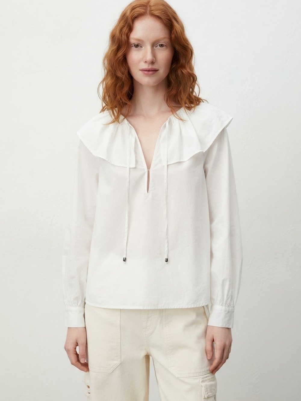 Zara Ruffle-Neck Tied Cotton Blouse  Size M 2183/052/251)l